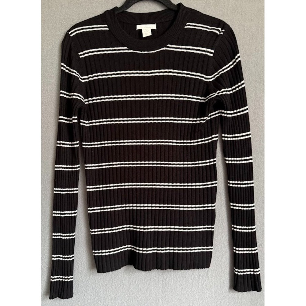 H&M Sweater Women M Black Striped Ribbed Knit Long Sleeve Crew Neck Pullover‎